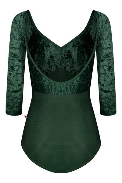 Elli leotard in N-Huntress body color with CV-Pine top color and N-Huntress trim color. Features 3Q sleeves