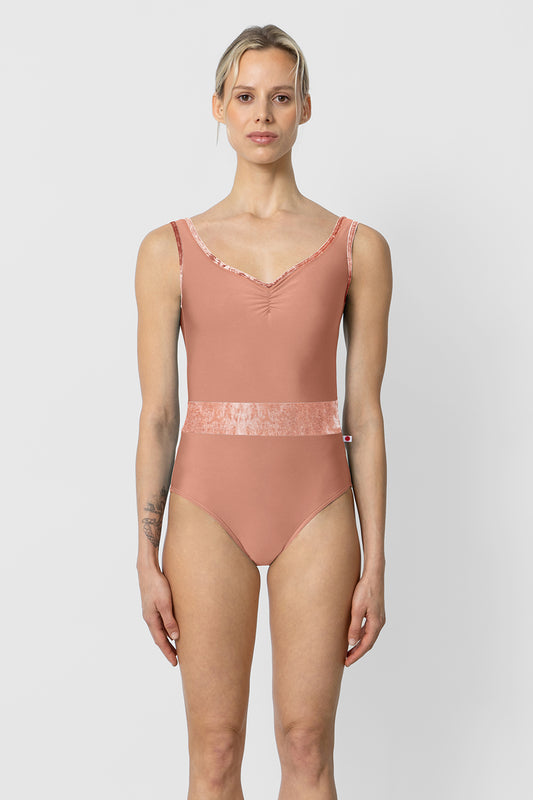 Lucy leotard in N-Rosewood body & top color with CV-Pecan trim and middle band color