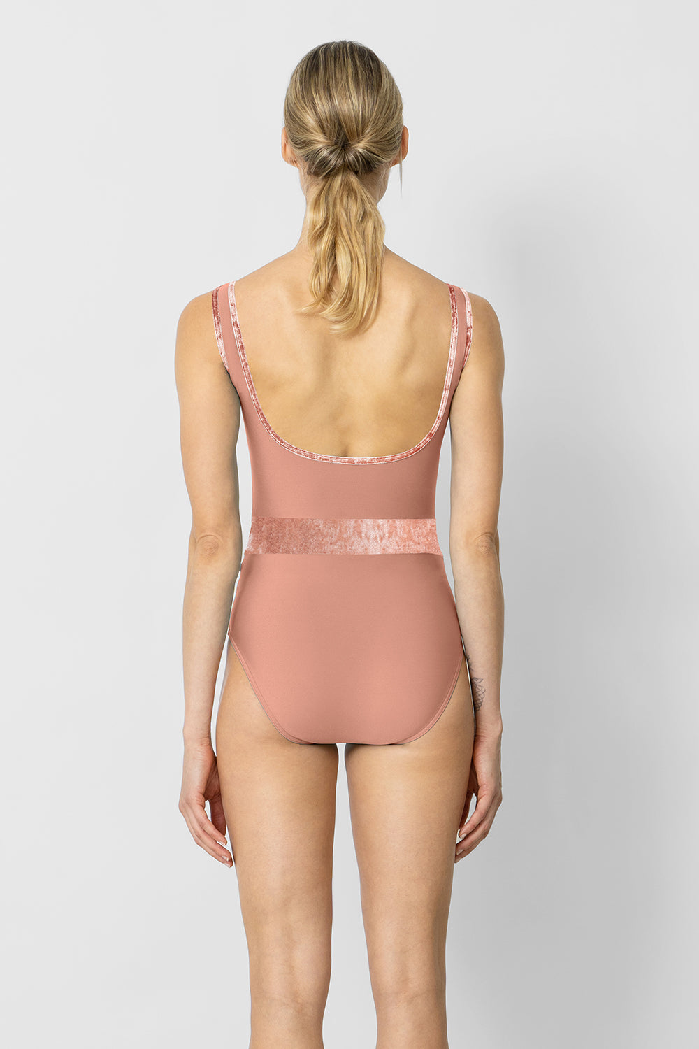 Lucy leotard in N-Rosewood body & top color with CV-Pecan trim and middle band color