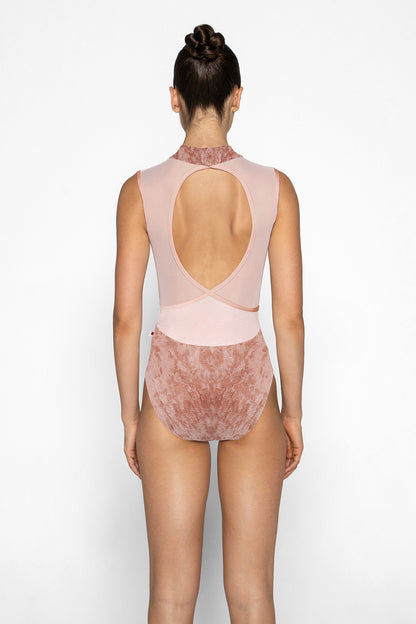 Camila leotard in CV-Pecan body color with Mesh Blush top color and T-Misty Rose trim and straps color