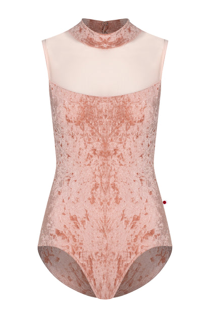 Camila leotard in CV-Pecan body color with Mesh Blush top color and T-Misty Rose trim and straps color