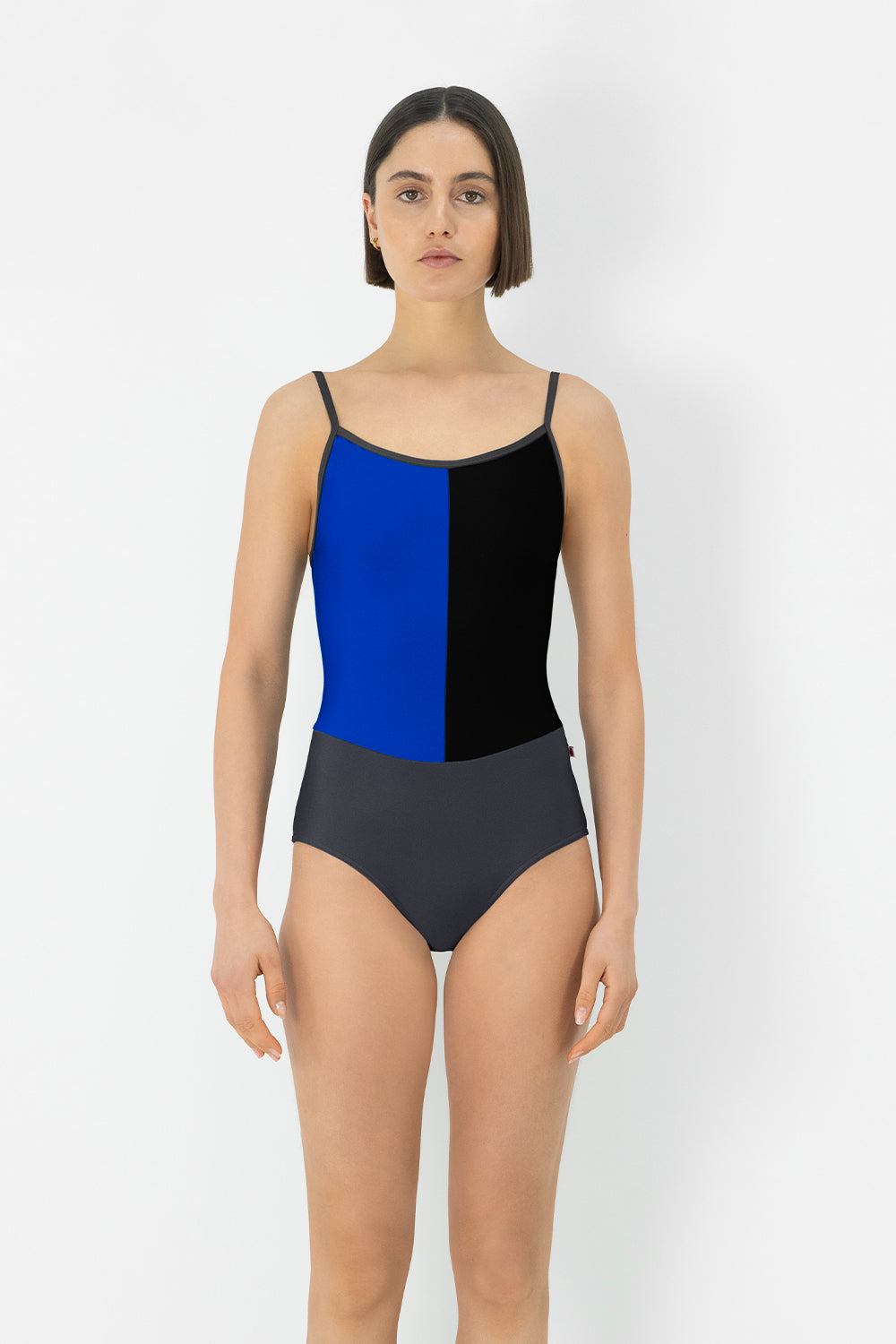 Kayoko leotard in T-Titanium body & trim color with T-Captain Top color 1 and T-Black Top color 2