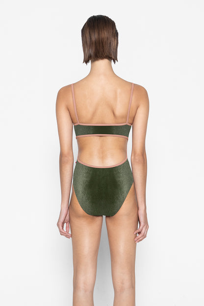 Kiki pinched leotard in V-Safari body color with N-Nectar trim color