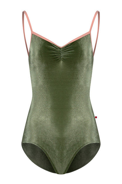 Kiki pinched leotard in V-Safari body color with N-Nectar trim color