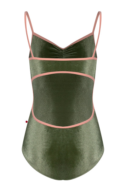 Kiki pinched leotard in V-Safari body color with N-Nectar trim color