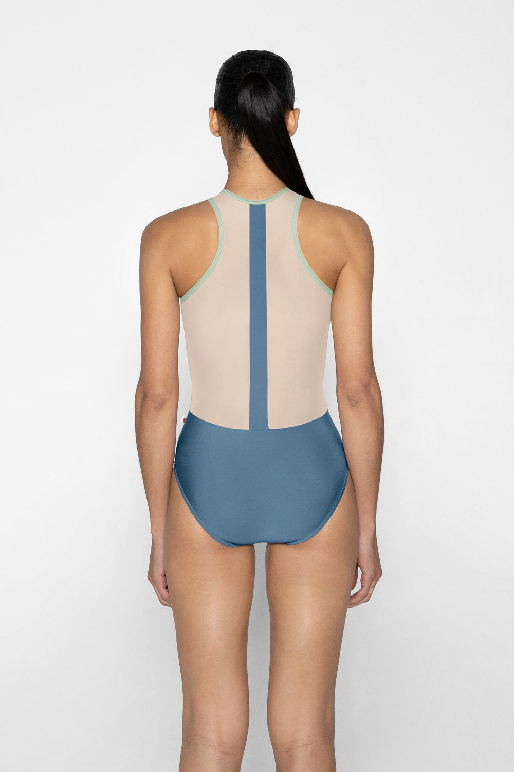 Sasha leotard in N-Riva body color with Mesh White top color and T-Pistachio trim color