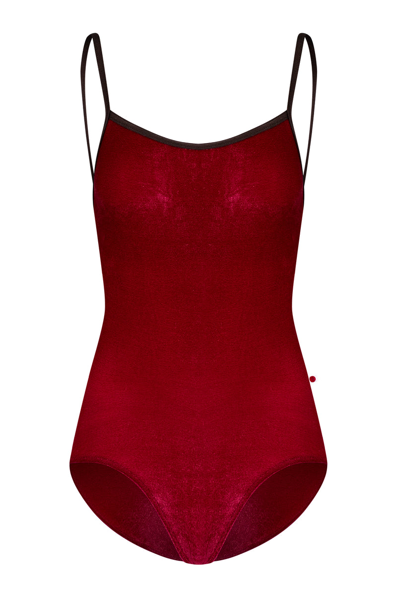Heather leotard in V-Cerise body color with N-Espresso trim color