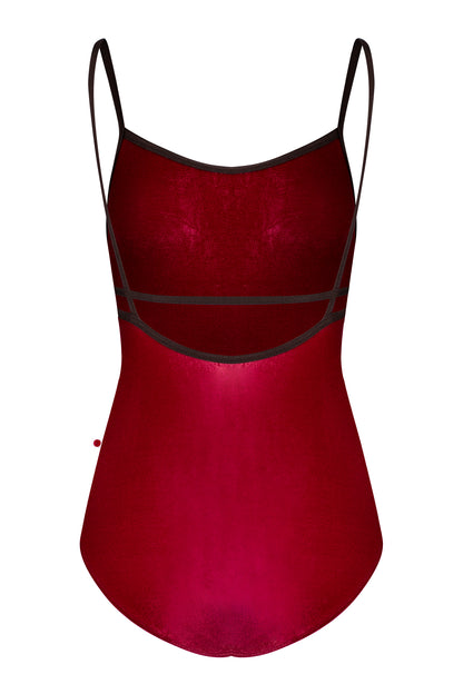 Heather leotard in V-Cerise body color with N-Espresso trim color