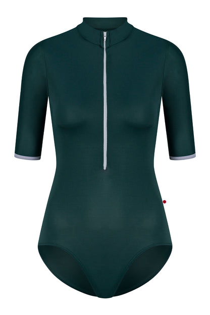 Jessica leotard in with half sleeves inT-Kale body color with T-Slate trim & zipper color