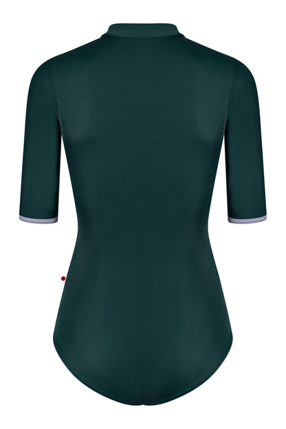 Jessica leotard in with half sleeves inT-Kale body color with T-Slate trim & zipper color
