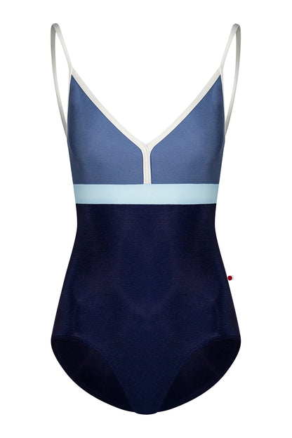 Zoe leotard in N-Dark Blue body color with N-Arctic top color, N-Antique trim color and N-Mirror middle band color