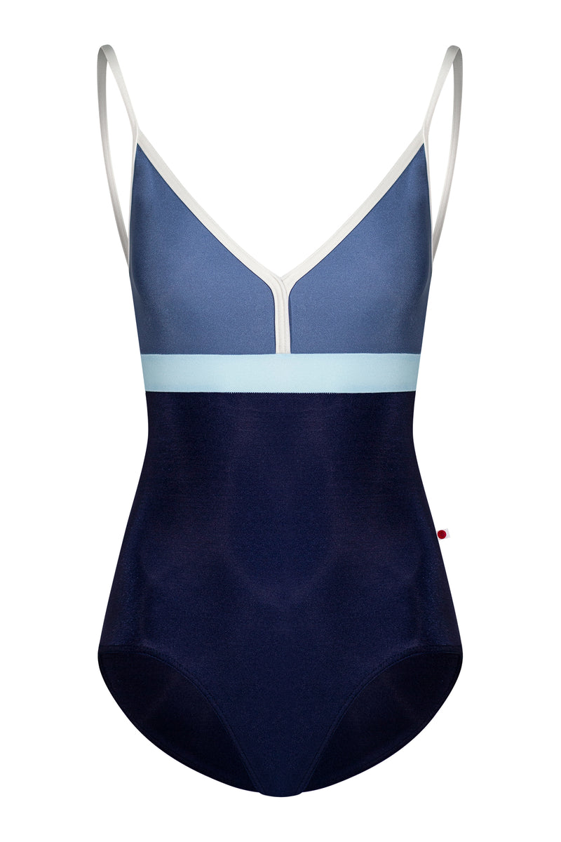 Zoe leotard in N-Dark Blue body color with N-Arctic top color, N-Antique trim color and N-Mirror middle band color