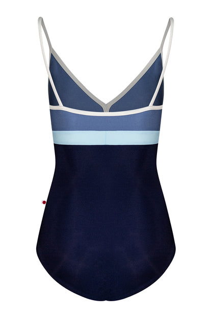 Zoe leotard in N-Dark Blue body color with N-Arctic top color, N-Antique trim color and N-Mirror middle band color