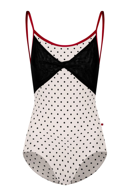 Kathy leotard in T-Lunares Cream body color with Mesh Black Overlay and N-Berry trim color