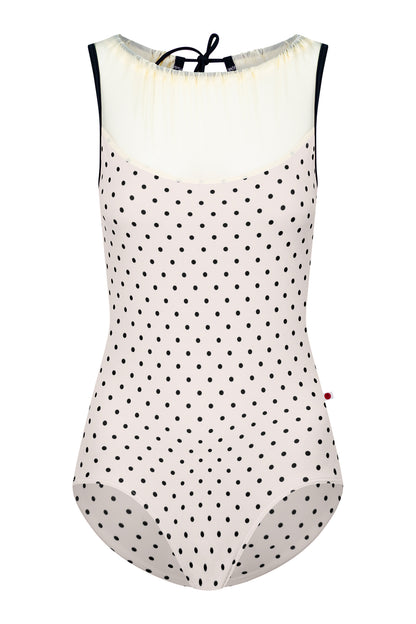 Paris leotard in T-Lunares Cream body with Mesh Vanilla top color and T-Black trim color