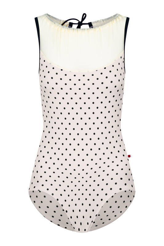 Paris leotard in T-Lunares Cream body with Mesh Vanilla top color and T-Black trim color