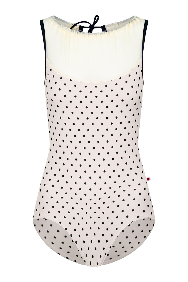 Paris leotard in T-Lunares Cream body with Mesh Vanilla top color and T-Black trim color