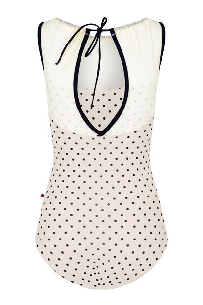 Paris leotard in T-Lunares Cream body with Mesh Vanilla top color and T-Black trim color