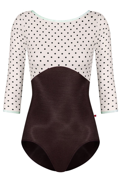 Sofiane Duo leotard in N-Espresso body color with T-Lunares Cream top & 3Q Sleeves and CV-Pistachio trim color