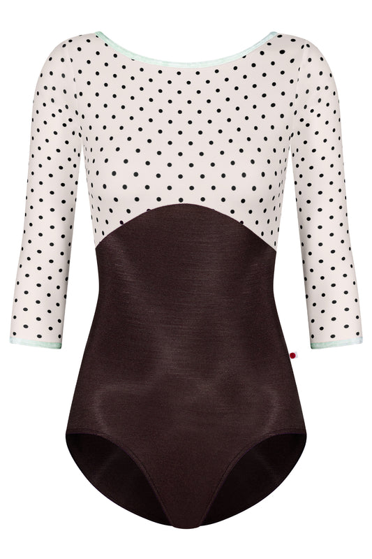 Sofiane Duo leotard in N-Espresso body color with T-Lunares Cream top & 3Q Sleeves and CV-Pistachio trim color