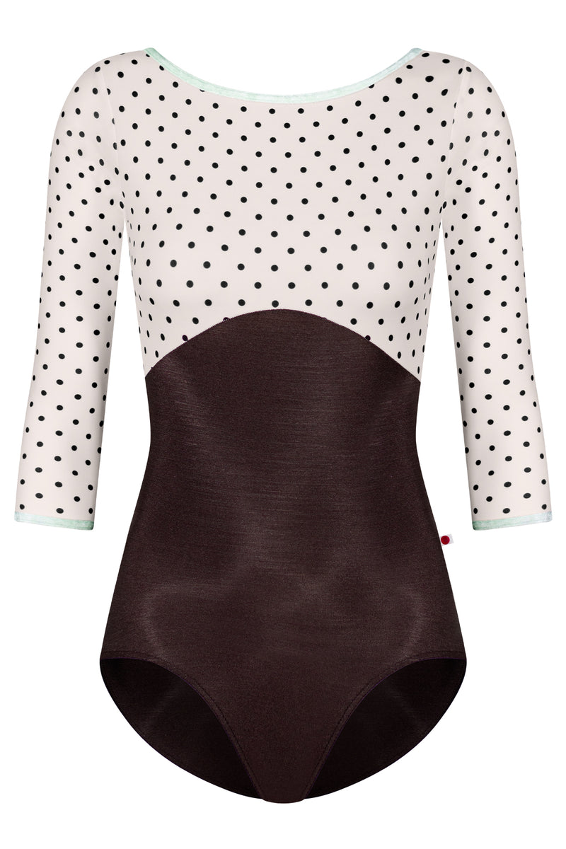 Sofiane Duo leotard in N-Espresso body color with T-Lunares Cream top & 3Q Sleeves and CV-Pistachio trim color