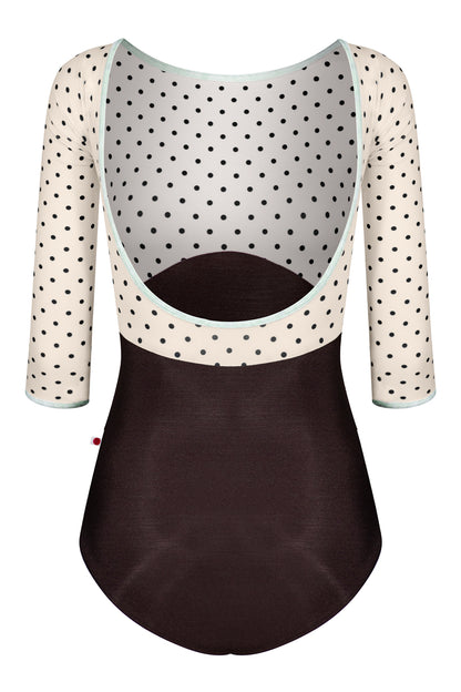 Sofiane Duo leotard in N-Espresso body color with T-Lunares Cream top & 3Q Sleeves and CV-Pistachio trim color