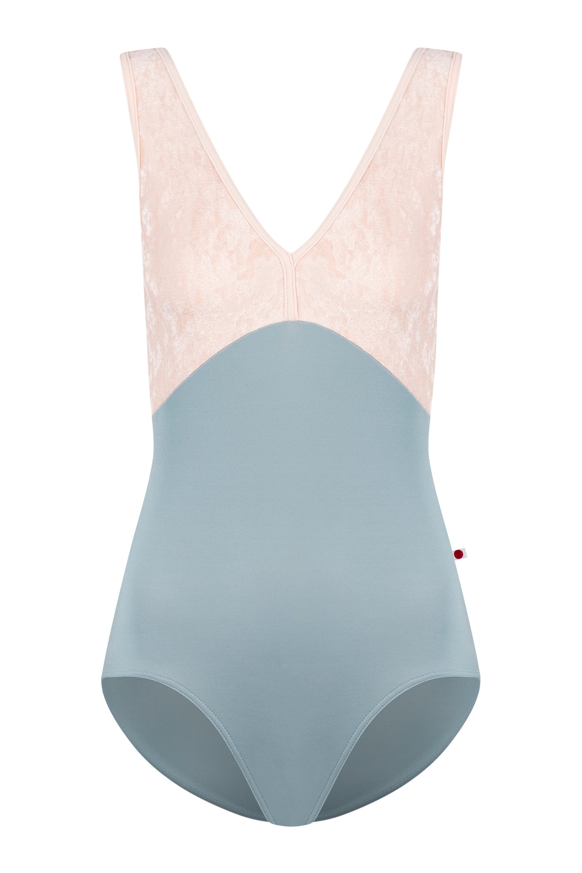 Alicia leotard, blush crushed-velvet V-neck bodice and a dusty-blue body, wide straps.