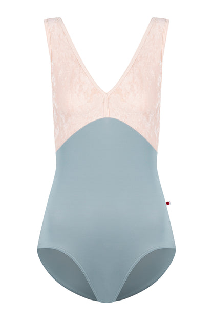 Alicia leotard, blush crushed-velvet V-neck bodice and a dusty-blue body, wide straps.