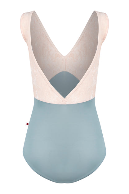 Alicia leotard, blush crushed-velvet V-neck bodice and a dusty-blue body, wide straps.
