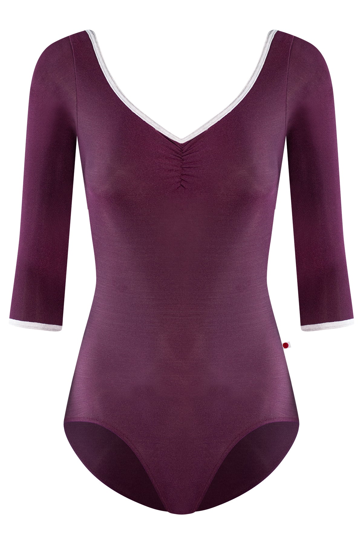 Anna leotard, aubergine-purple with a ruched V-neck, silver trim and three-quarter sleeves.
