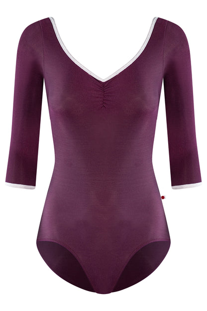 Anna leotard, aubergine-purple with a ruched V-neck, silver trim and three-quarter sleeves.