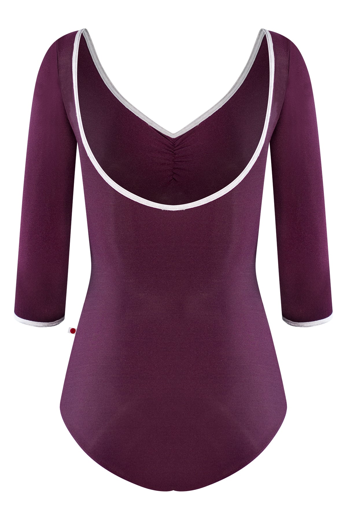 Anna leotard, aubergine-purple with a ruched V-neck, silver trim and three-quarter sleeves.