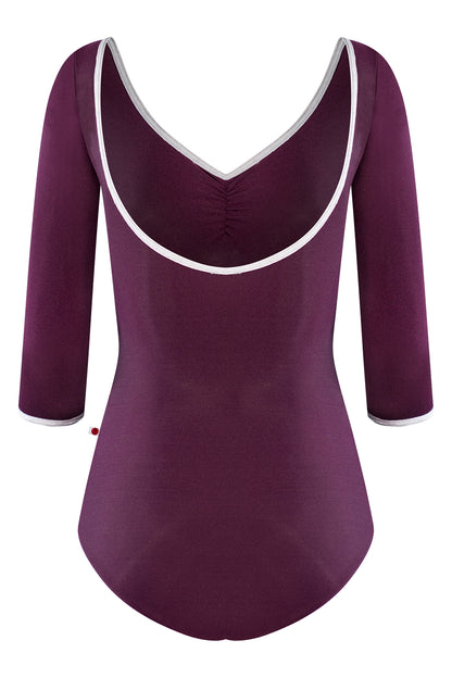 Anna leotard, aubergine-purple with a ruched V-neck, silver trim and three-quarter sleeves.
