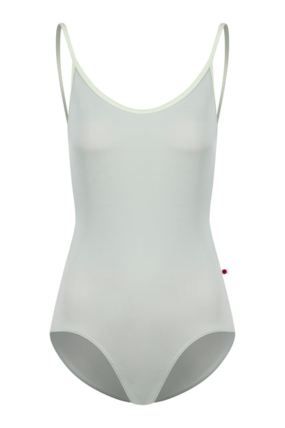 Fiona leotard, pale pistachio with a scoop neck and thin pale-yellow straps.