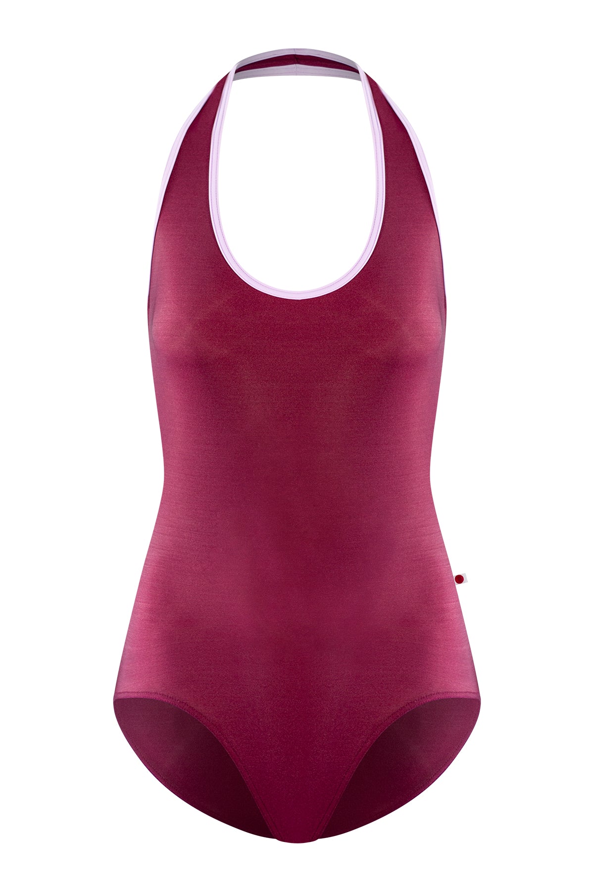 Jaione leotard, burgundy with a pale-pink halter neckline and open sides.