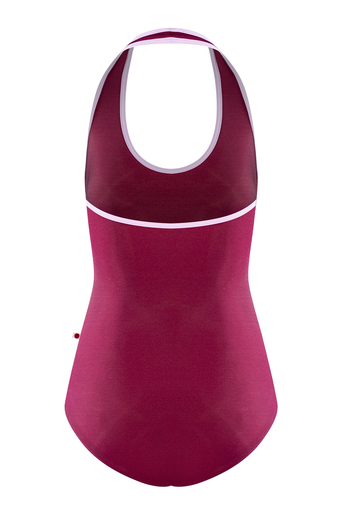 Jaione leotard, burgundy with a pale-pink halter neckline and open sides.