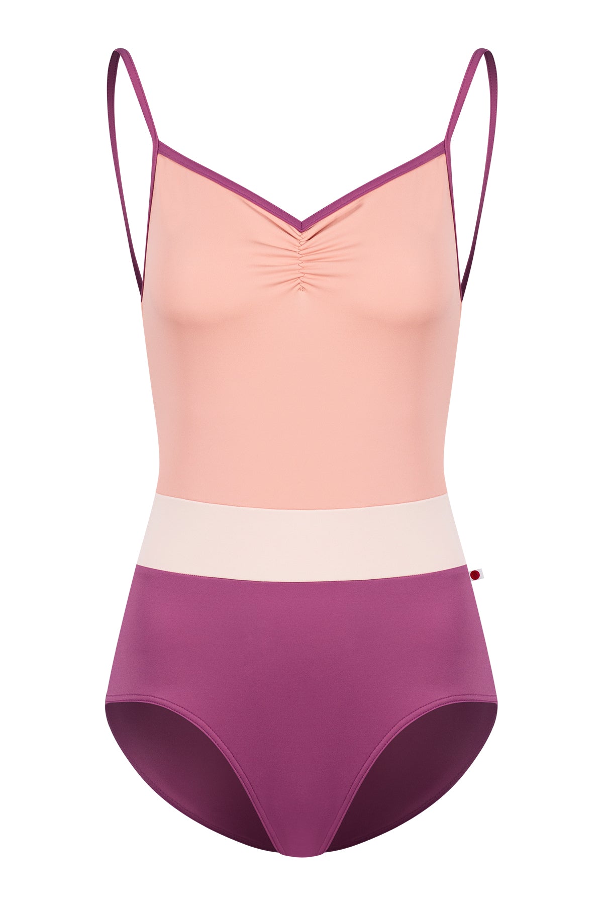 Micah leotard, blush bodice and a magenta body with a pale-pink waistband, thin straps.