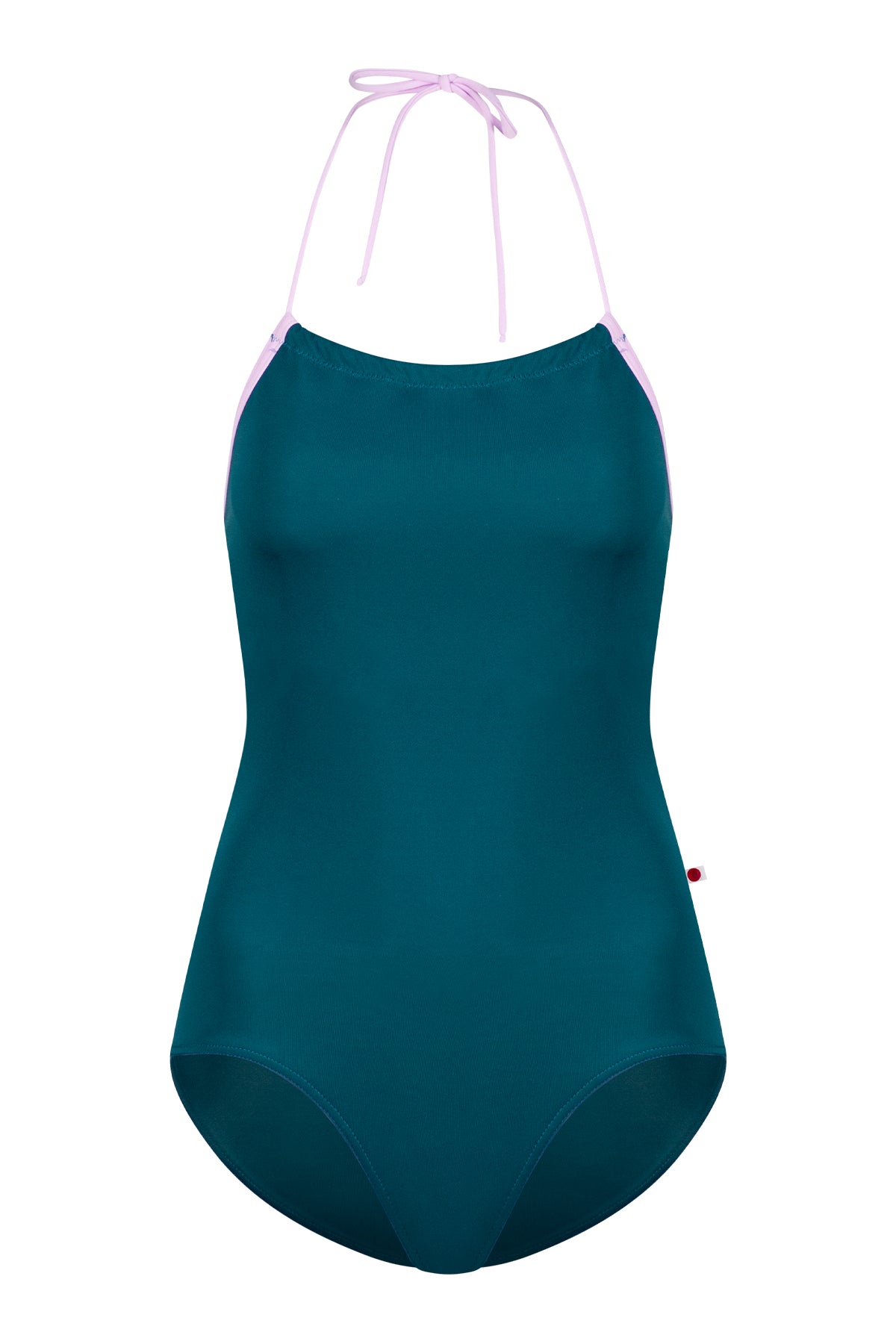 Monique leotard, teal with a pale-pink halter neckline and gathered front.
