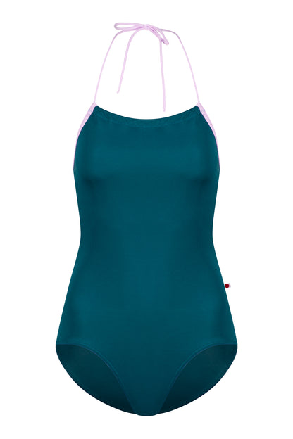 Monique leotard, teal with a pale-pink halter neckline and gathered front.