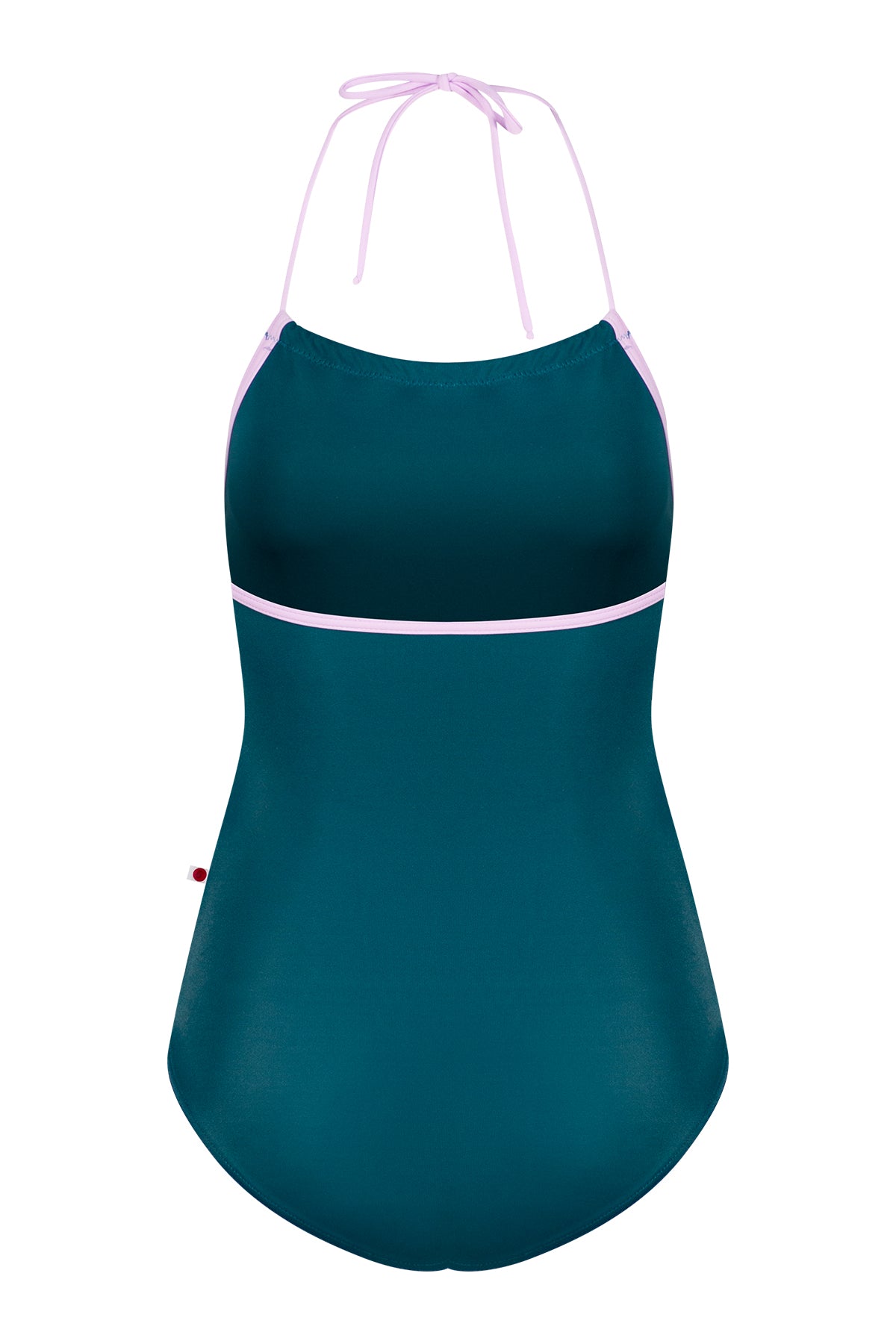 Monique leotard, teal with a pale-pink halter neckline and gathered front.