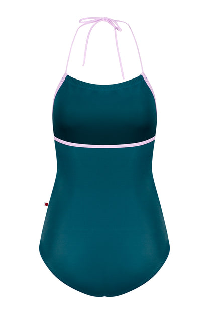 Monique leotard, teal with a pale-pink halter neckline and gathered front.