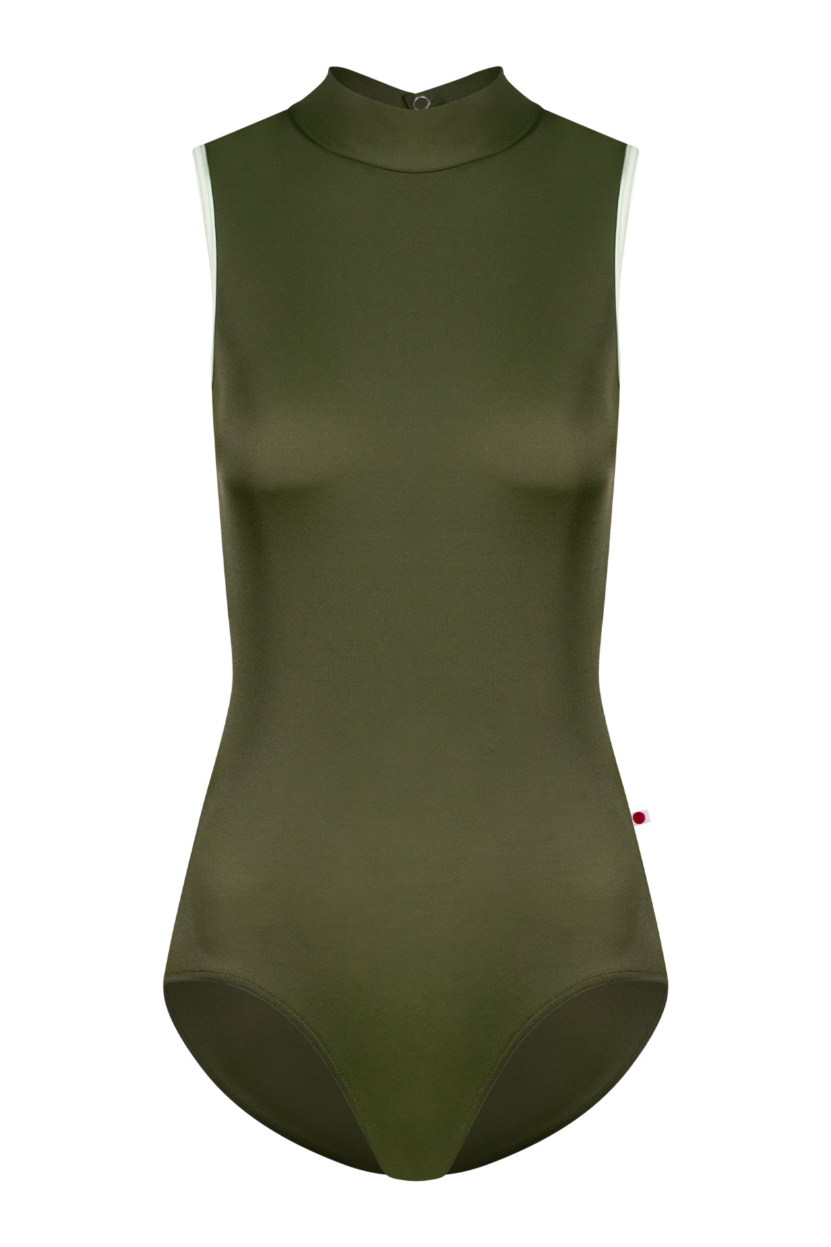 Natasha leotard, olive-green with a high mock neck, sleeveless, and pistachio green side trim.