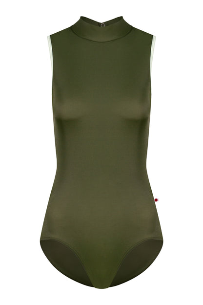 Natasha leotard, olive-green with a high mock neck, sleeveless, and pistachio green side trim.
