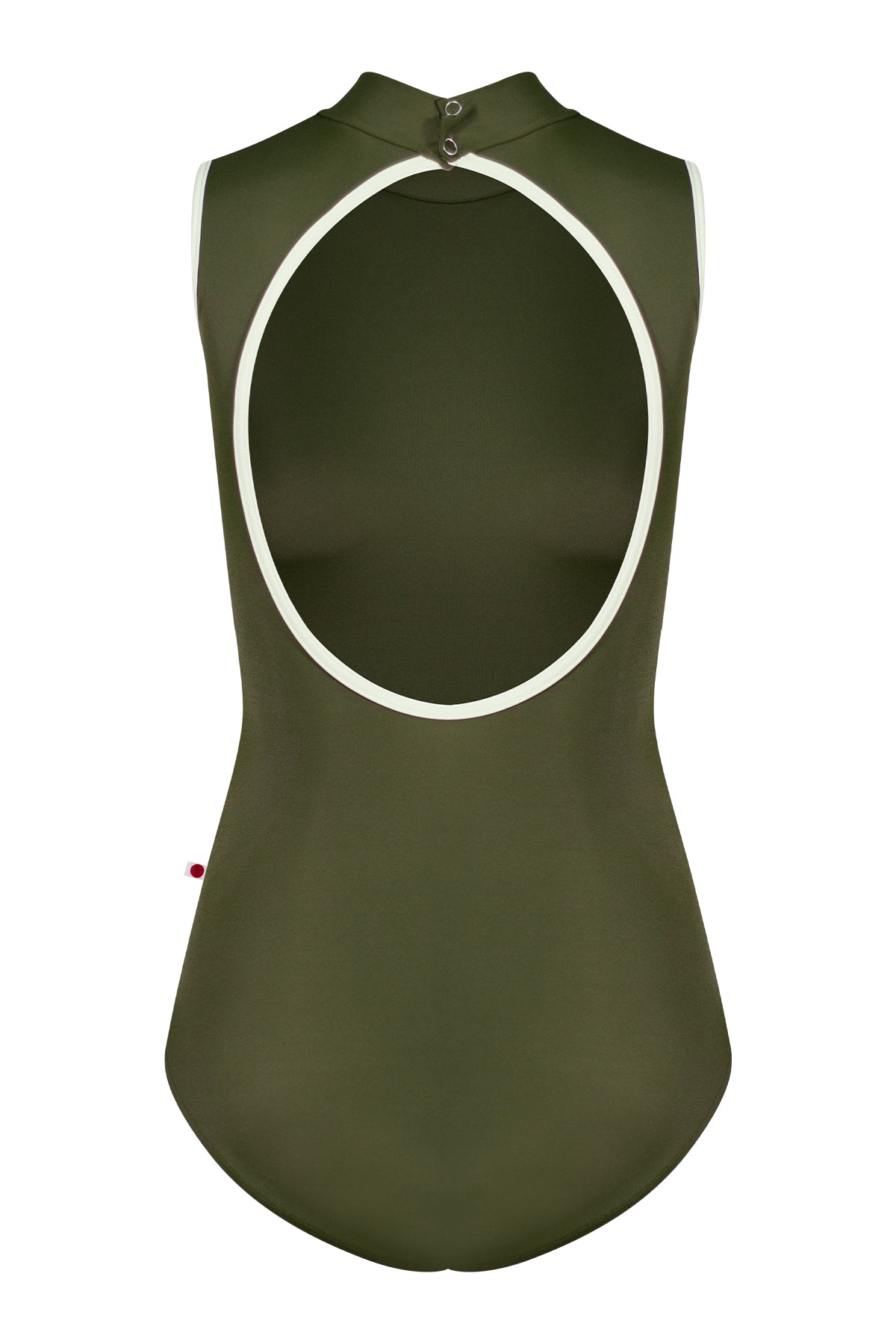 Natasha leotard, olive-green with a high mock neck, sleeveless, and pistachio green side trim.