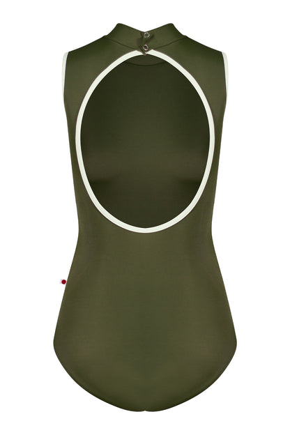 Natasha leotard, olive-green with a high mock neck, sleeveless, and pistachio green side trim.