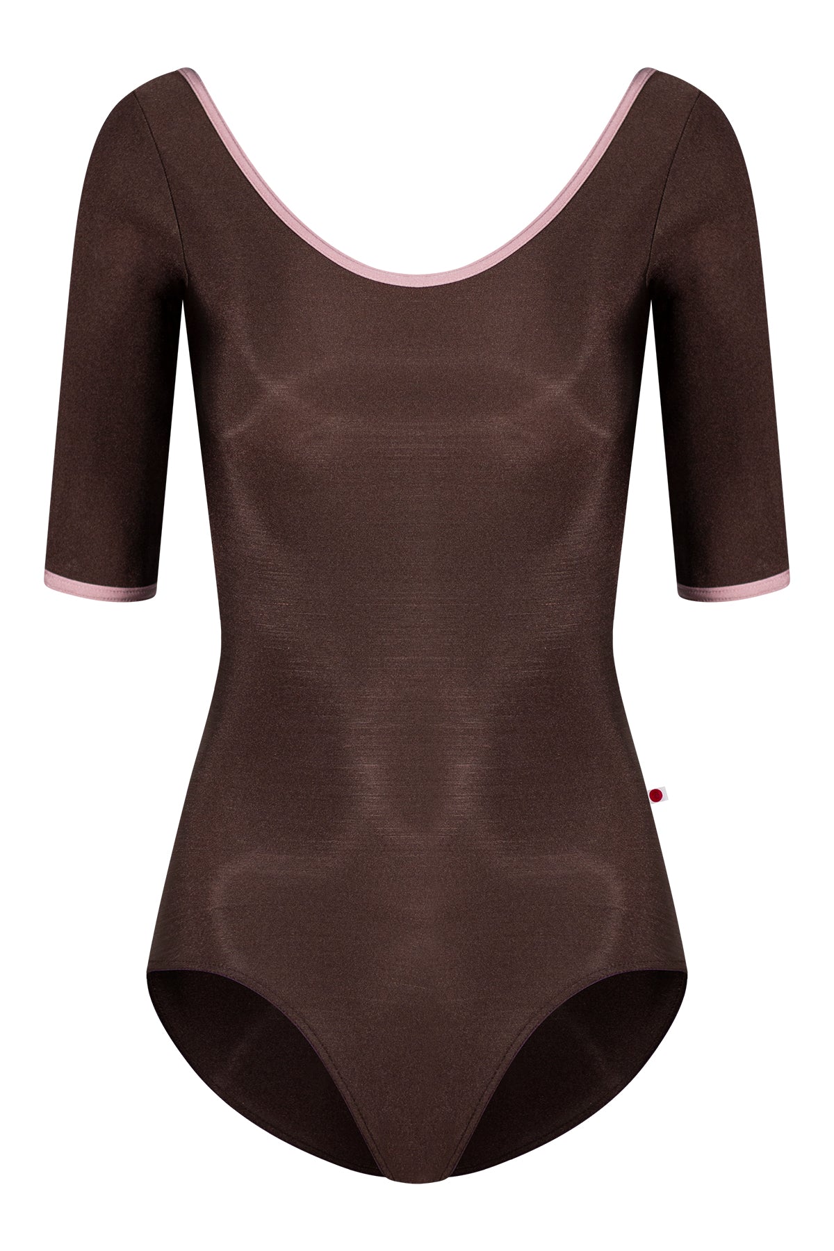 Veronique leotard, mocha-brown with a scoop neck, pink trim and three-quarter sleeves.