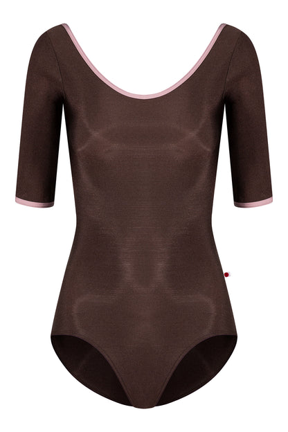 Veronique leotard, mocha-brown with a scoop neck, pink trim and three-quarter sleeves.