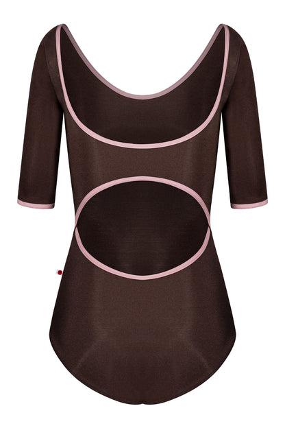 Veronique leotard, mocha-brown with a scoop neck, pink trim and three-quarter sleeves.