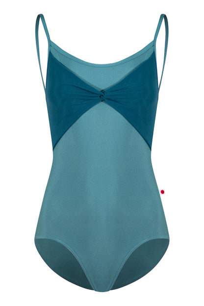 Kathy leotard in N-Frost body & trim color with Mesh Lagoon overlay