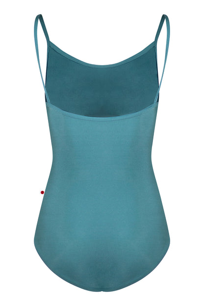 Kathy leotard in N-Frost body & trim color with Mesh Lagoon overlay